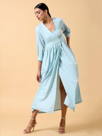 trueBrowns Cotton Linen Light Blue Wrap Dress | Grocsy