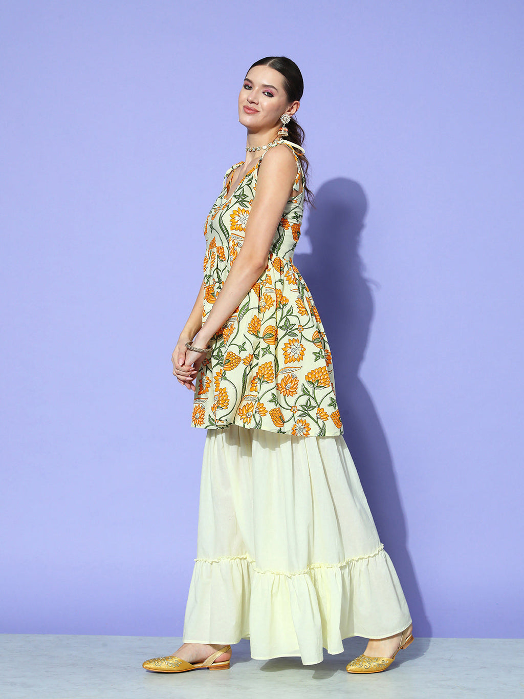 InWeave Women's Off White Yellow Floral Print Tie Up Kurta Sharara Set | Grocsy
