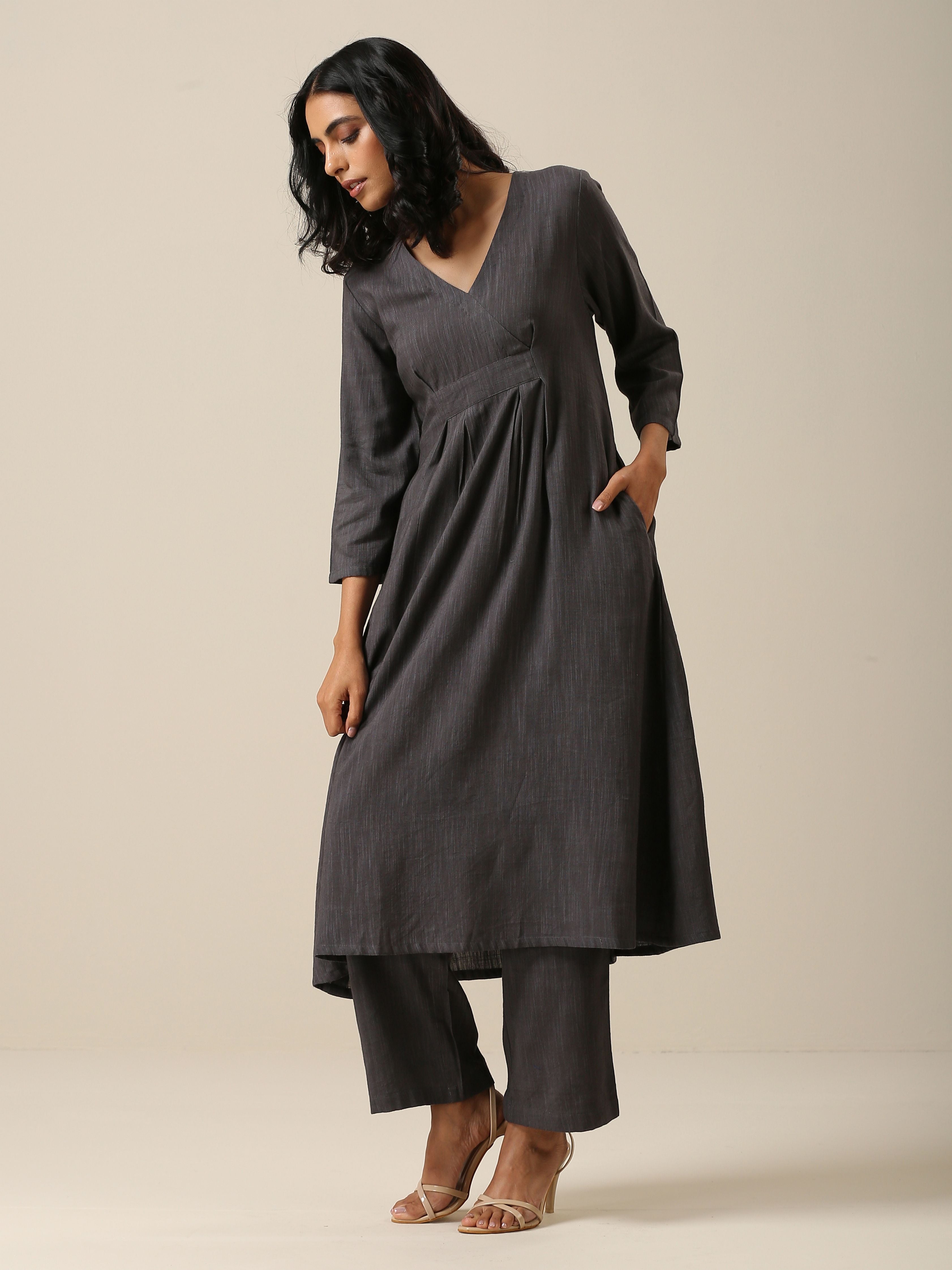 trueBrowns Slate Grey Slub Texture Overlap Pleat Kurta Pant Set | Relove | Grocsy
