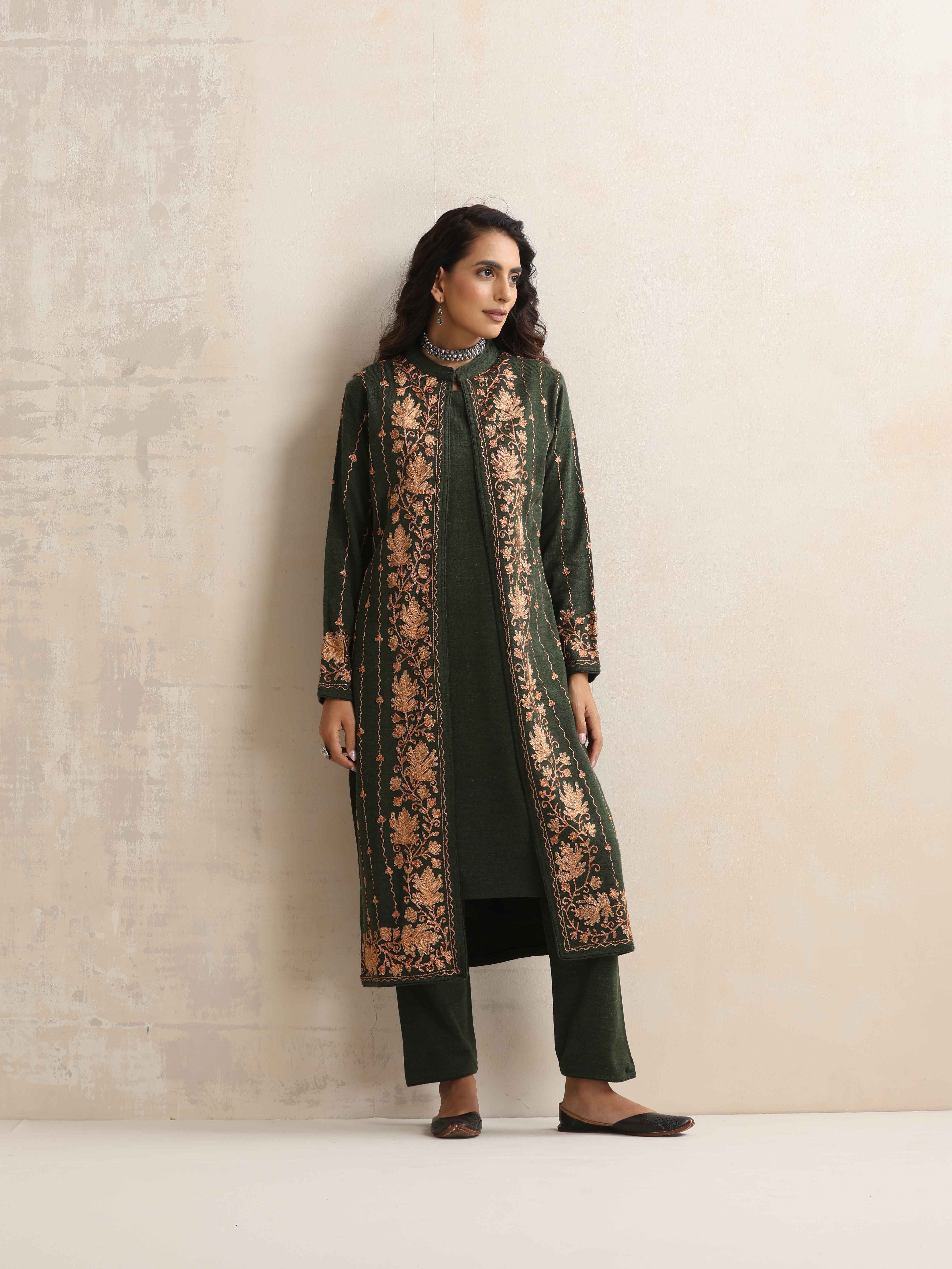 trueBrowns Green Kashmiri Woollen Jacket 3pc Set | Grocsy