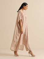 trueBrowns Beige White Floral Silk Print Kaftan Pant Set | Grocsy
