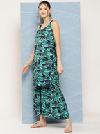 InWeave Women's Navy Green Big Leaf Print Crepe Kurta Set | Grocsy