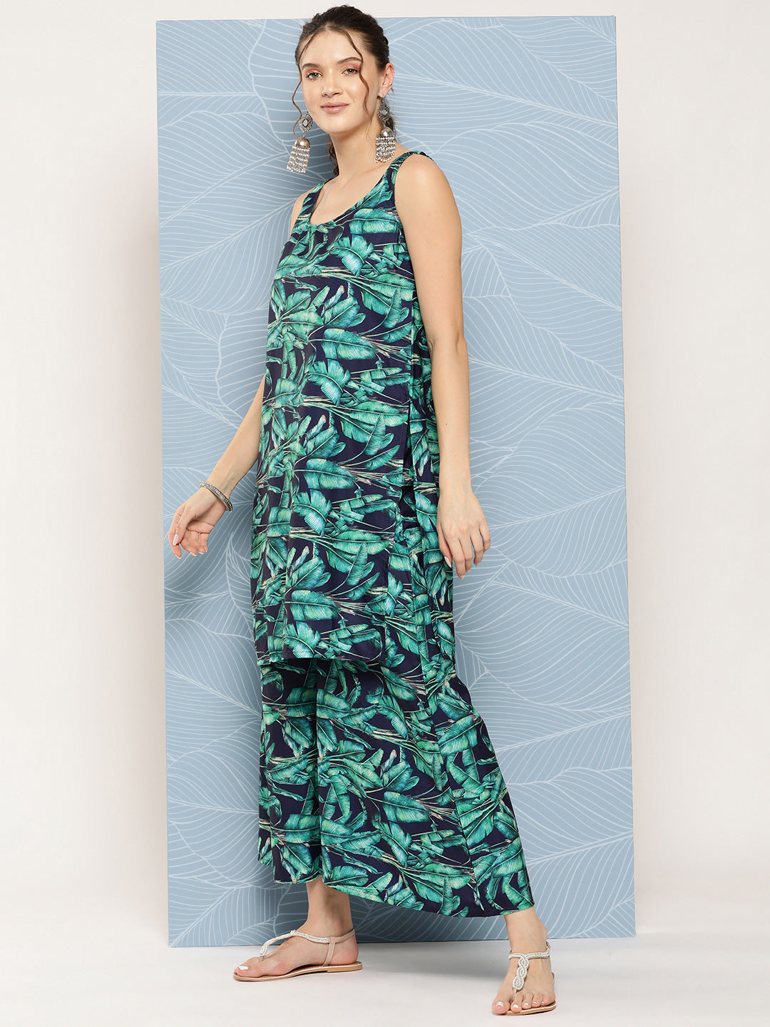 InWeave Women's Navy Green Big Leaf Print Crepe Kurta Set | Grocsy
