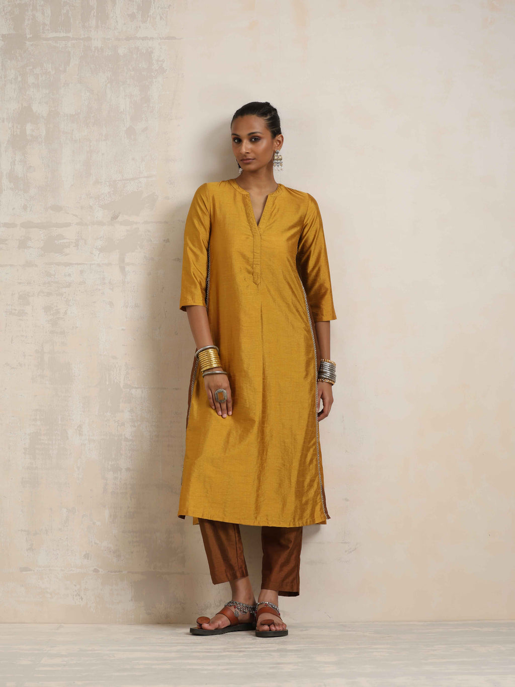 trueBrowns Gold Silk Kurta Set | Grocsy