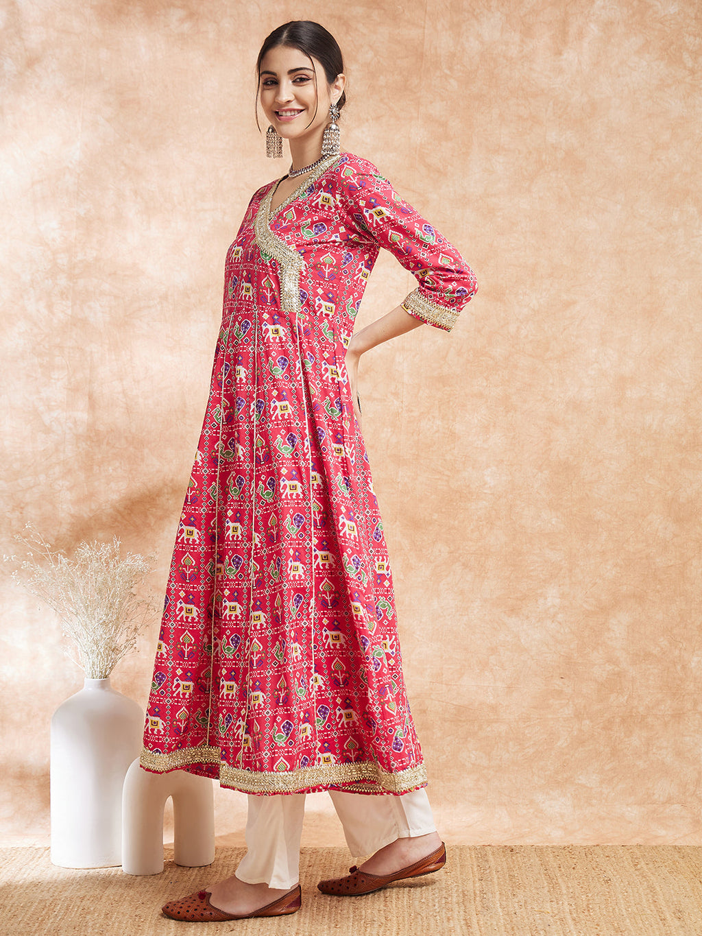 InWeave Women's Pink Patola Printed Gota Embroidered Anarkali Kurta | Grocsy