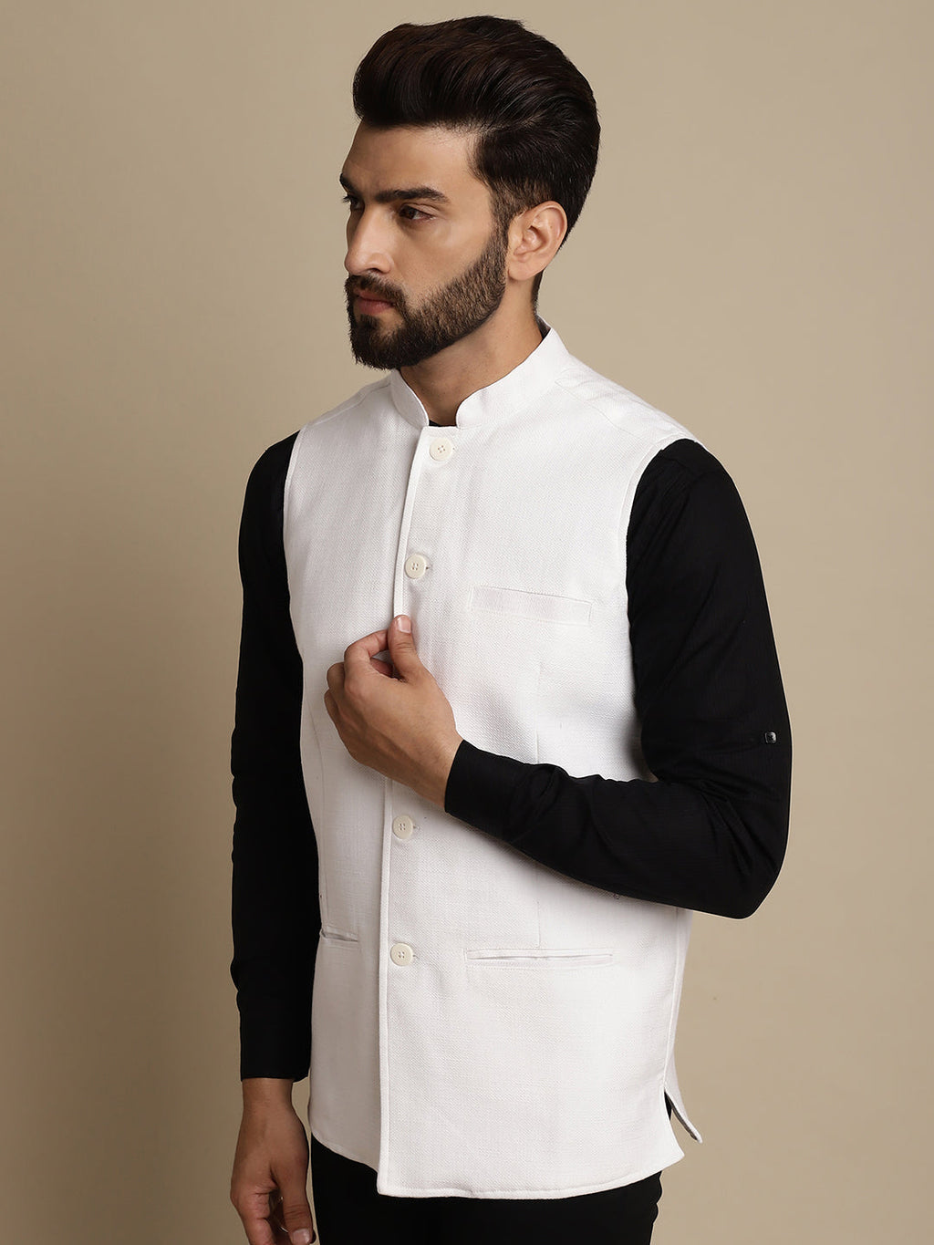 Even Apparels Men's White Mandarin Collar Waistcoat | Grocsy