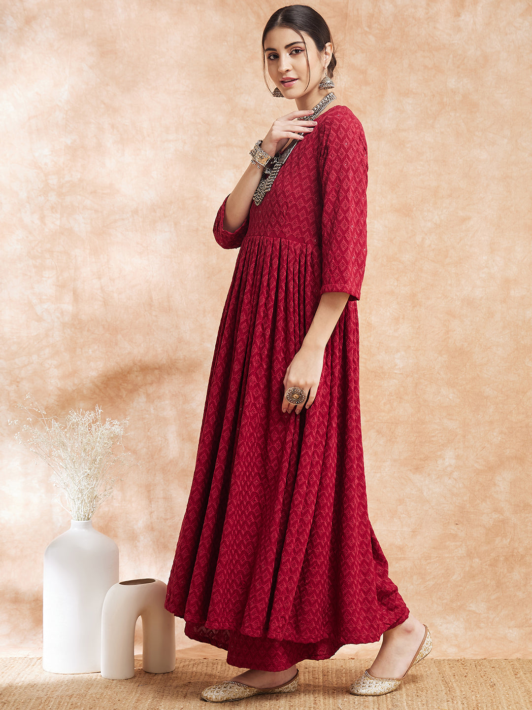 InWeave Women's Maroon Chikankari Long Anarkali Kurta Sharara Set | Grocsy