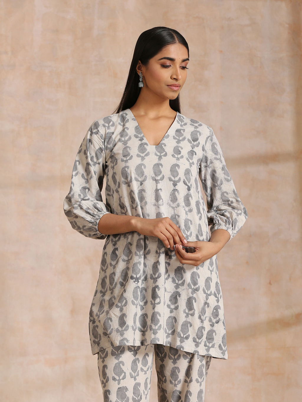 trueBrowns Grey Dabu Buta Print Cotton V-Square Neck Co-Ord Set | Grocsy