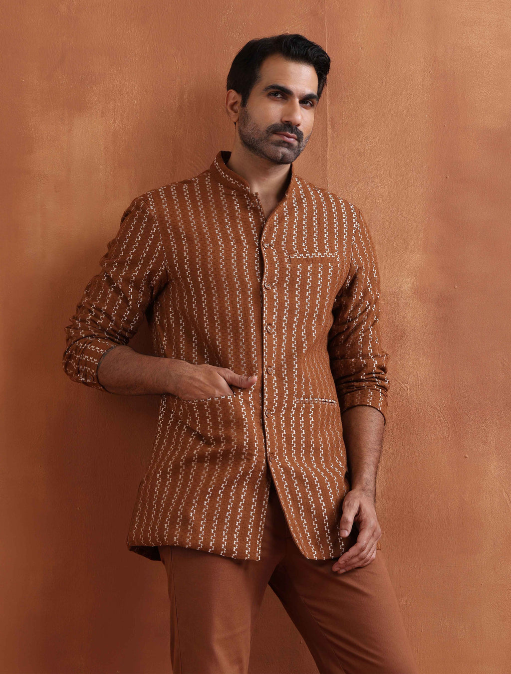 trueBrowns Men's Brown Cotton Dobby Long Jacket | Grocsy