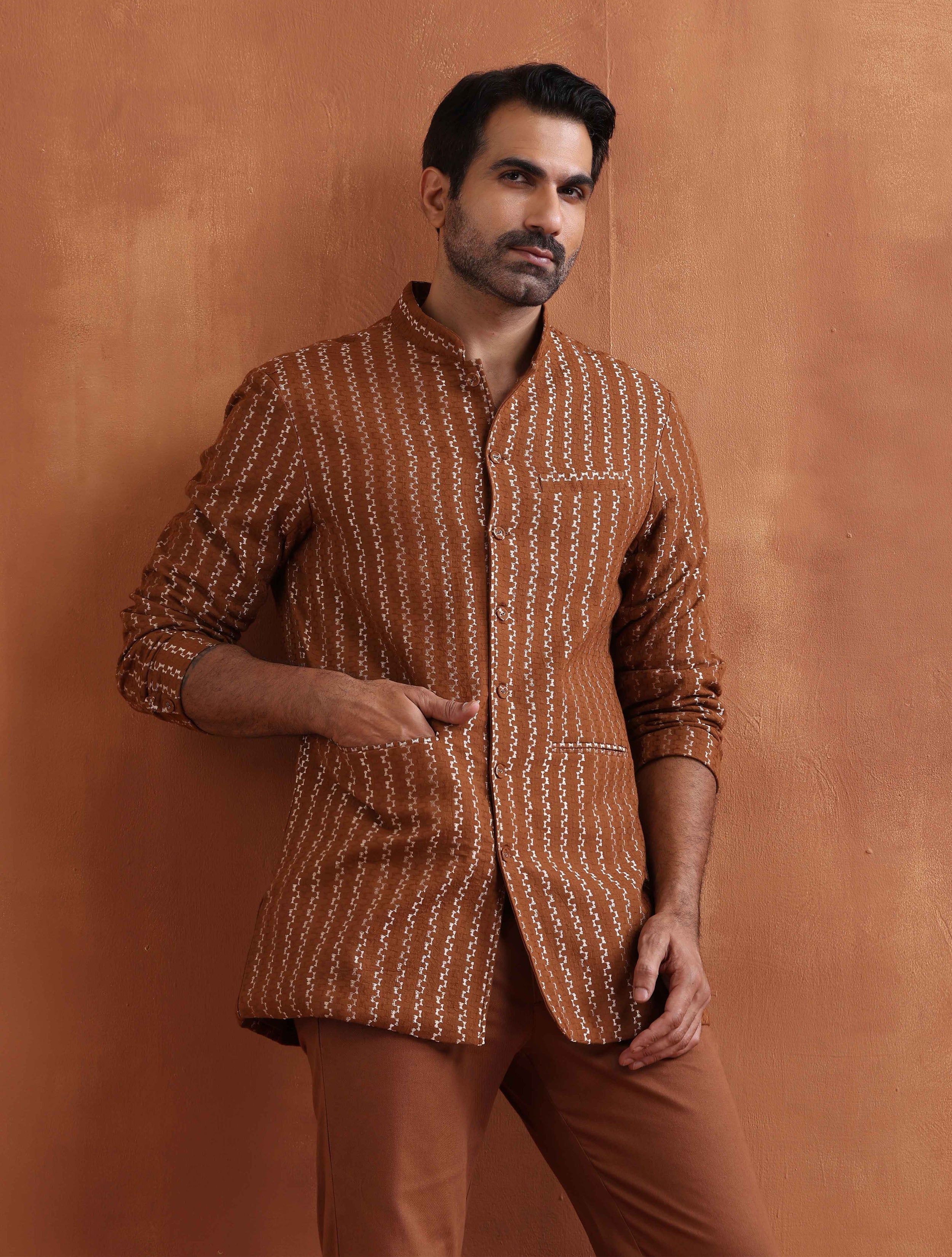 trueBrowns Men's Brown Cotton Dobby Long Jacket | Grocsy
