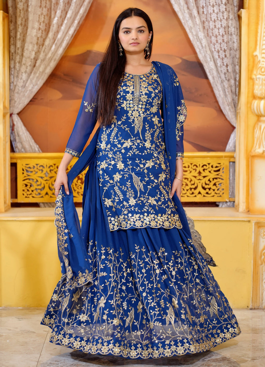 Teeya Creation Blue Color Georgette Heavy Embroidery Work Fully Stitched Lehenga Suit Set | Grocsy