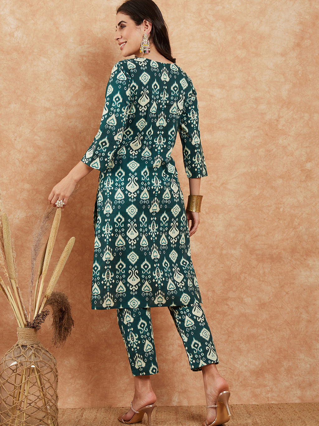 InWeave Women's Peacock Blue Ikkat Print Gota Work Straight Kurta Pant Set | Grocsy