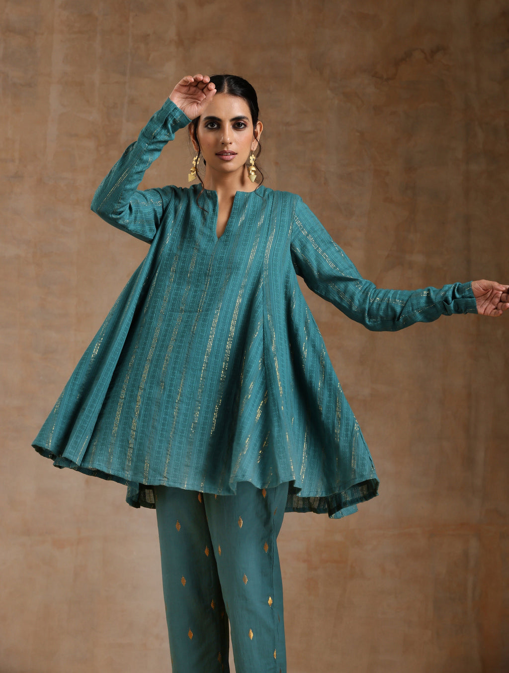 trueBrowns Deep Sea Gold Cotton Flared Co-Ord Set | Grocsy