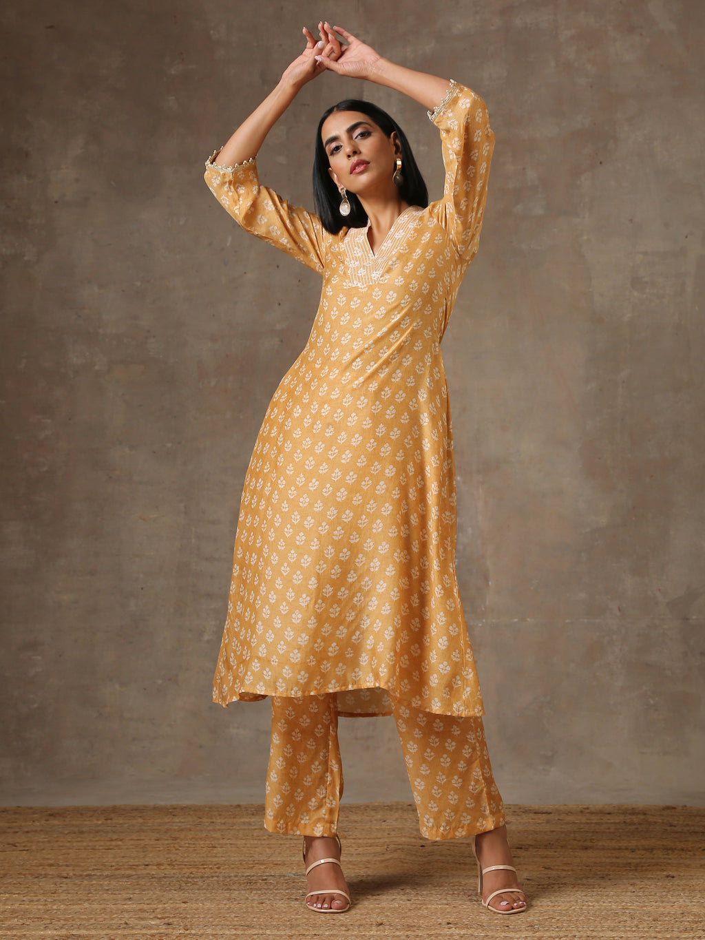trueBrowns Beige White Flared Printed Silk Kurta Pant Set | Grocsy