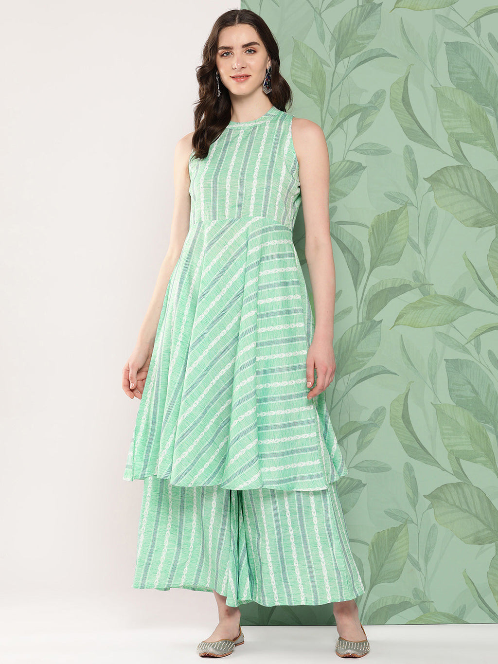 InWeave Women's Teal Kantha Striped Kurta Set | Grocsy