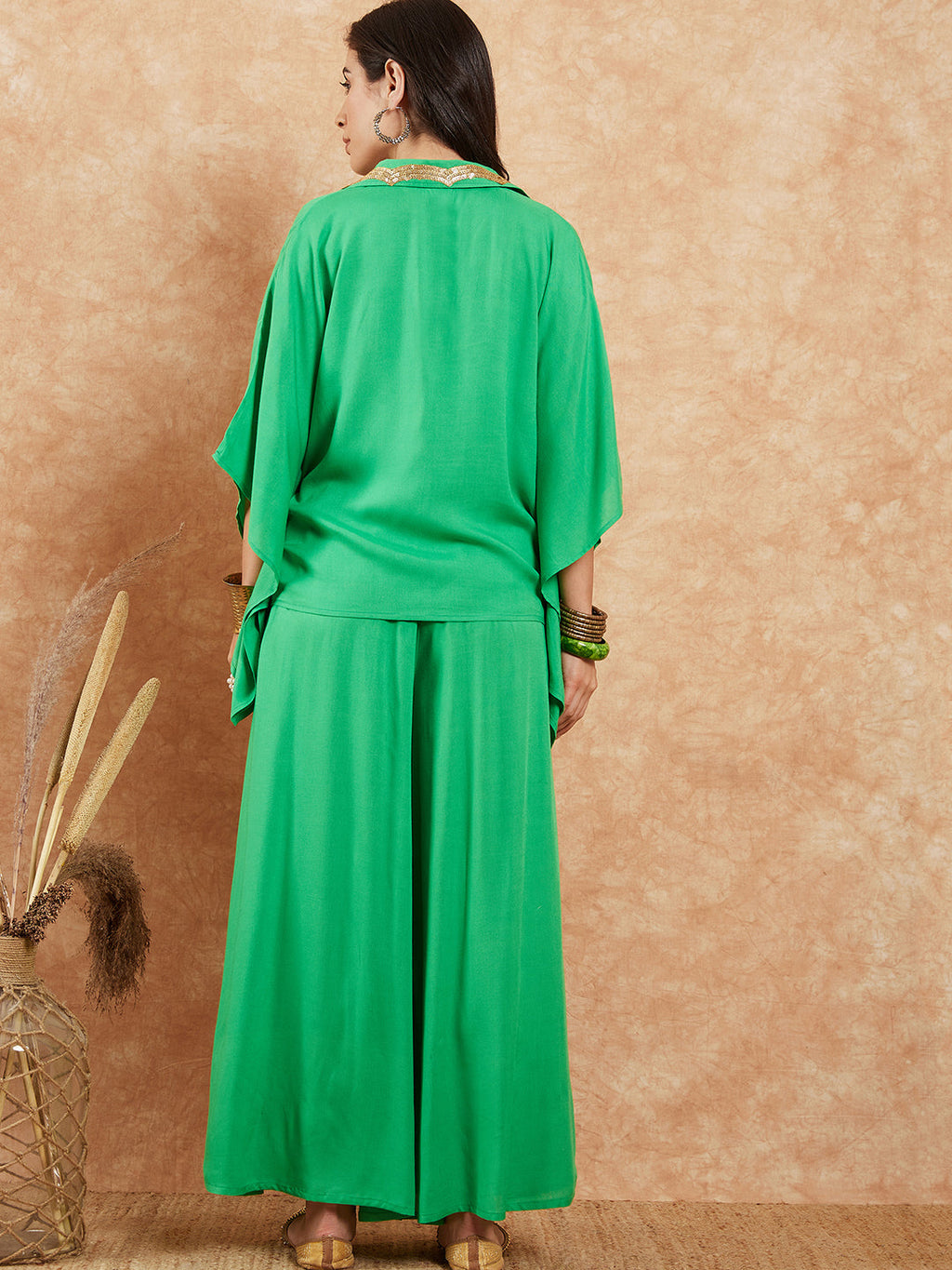 InWeave Women's Parrot Green Solid Collar Neck Boho Top Bottom Set | Grocsy