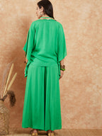 InWeave Women's Parrot Green Solid Collar Neck Boho Top Bottom Set | Grocsy