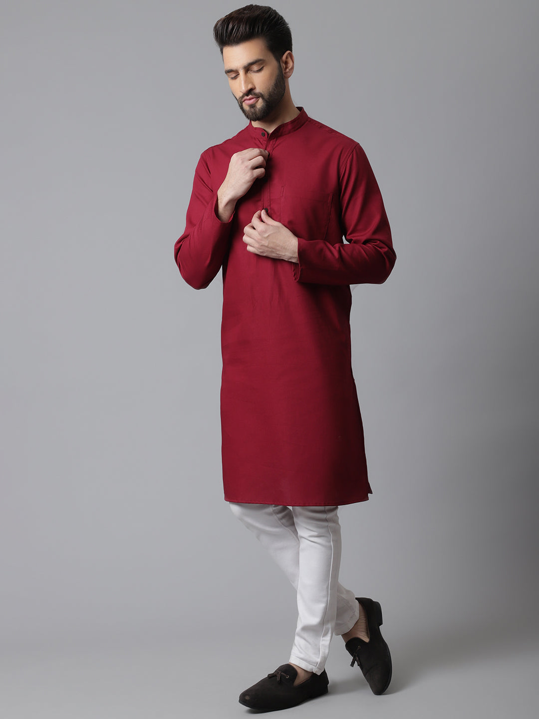 Even Apparels Maroon Pure Cotton Kurta With Band Collar | Grocsy