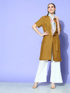 InWeave Women's Camel Brown Cream Pant Coord Set With White Butterfly Scarf | Grocsy