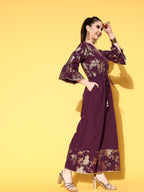 Ahalyaa Burgundy & Gold-Toned Bell Sleeves Printed Ethnic Jumpsuit With Waist Tie-Ups | Grocsy