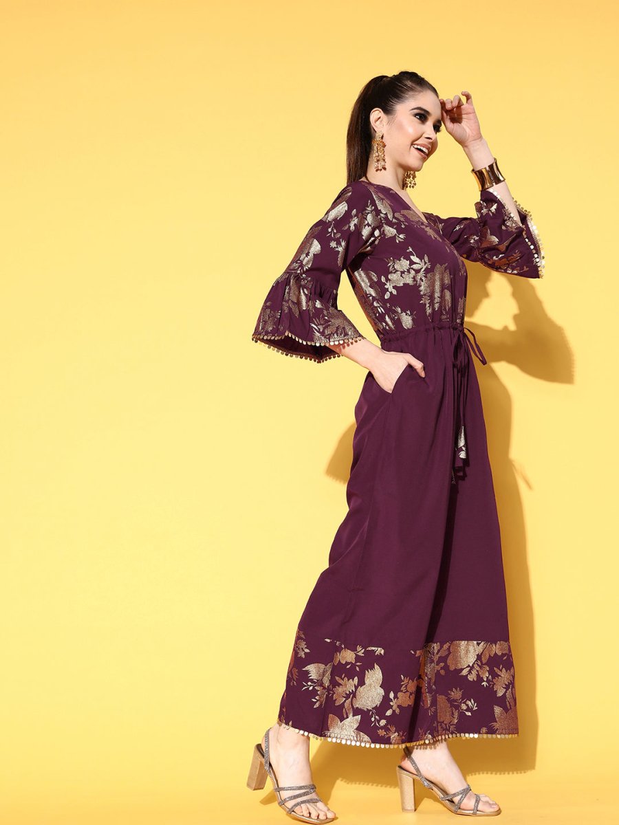 Ahalyaa Burgundy & Gold-Toned Bell Sleeves Printed Ethnic Jumpsuit With Waist Tie-Ups | Grocsy