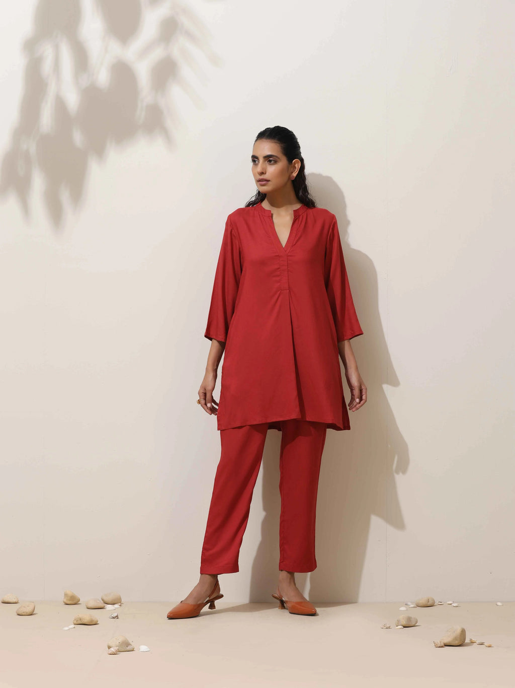 trueBrowns Maroon Viscose Solid Co-ord Set | Grocsy