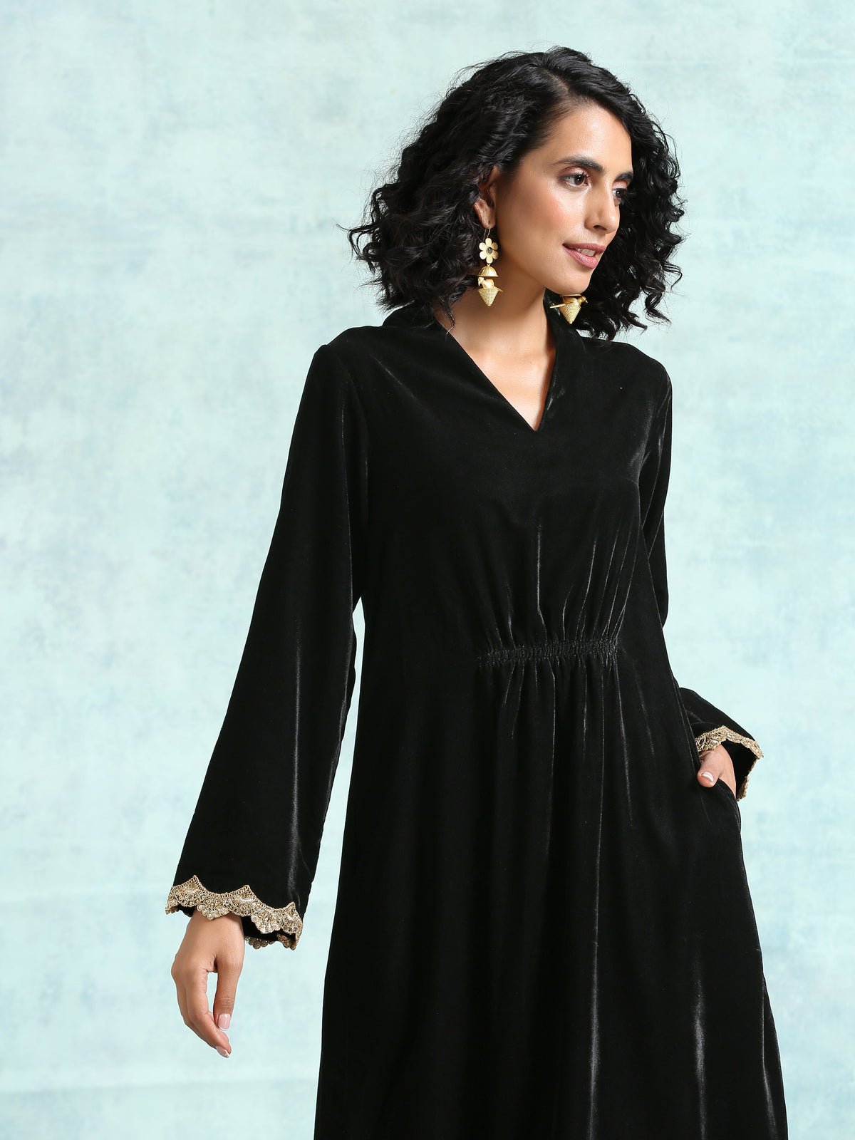 trueBrowns Black Velvet Lace Kurta | Grocsy