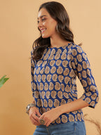 InWeave Women's Ink Blue Small Paisley Kalamkari Top | Grocsy