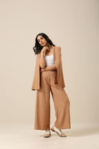 trueBrowns Beige Slub Texture Sleevesless Jacket Pant Set | Grocsy