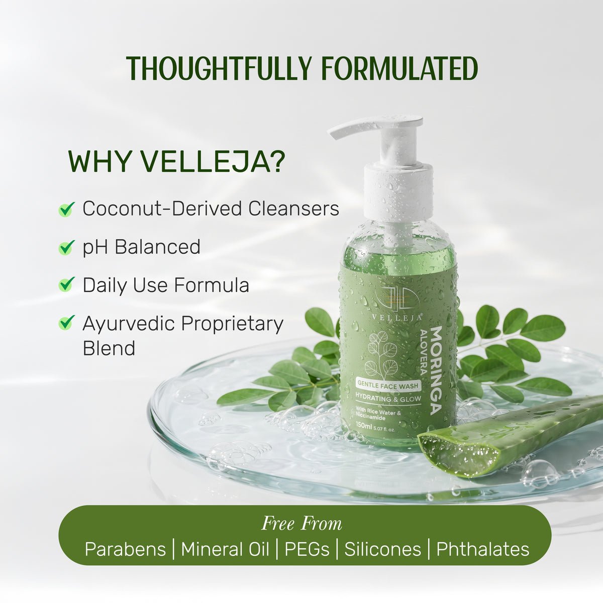 Velleja Moringa Aloevera Face Wash| Skin Brightening & Hydrating Ayurvedic Gentle Face Wash | Grocsy