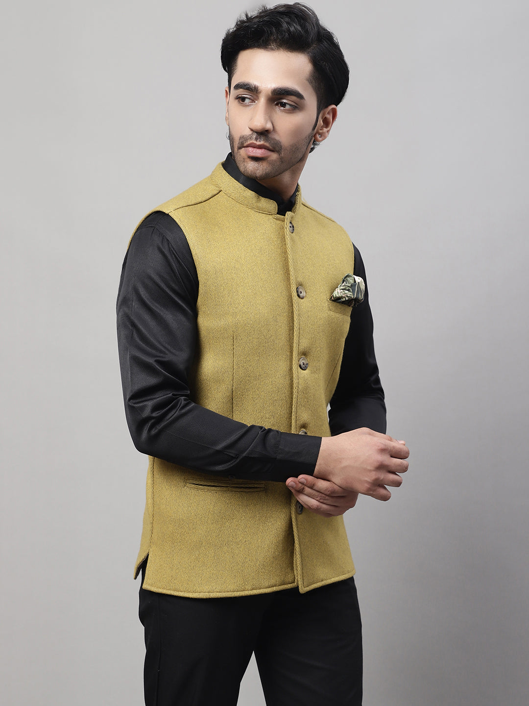 Even Apparels Men's Mustard Pure Wool Nehru Jacket | Grocsy