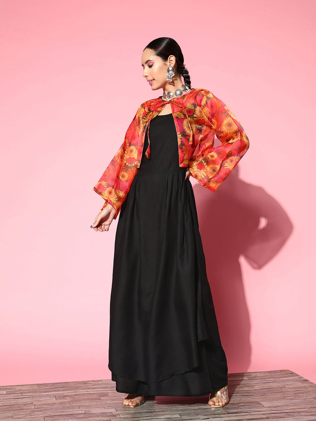 InWeave Women's Black Strappy Set With Pink Mustard Floral Short Organza Cape | Grocsy