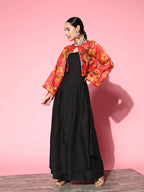 InWeave Women's Black Strappy Set With Pink Mustard Floral Short Organza Cape | Grocsy