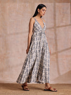 trueBrowns Grey Dabu Buta Print Cotton Sleeveless Dress | Grocsy
