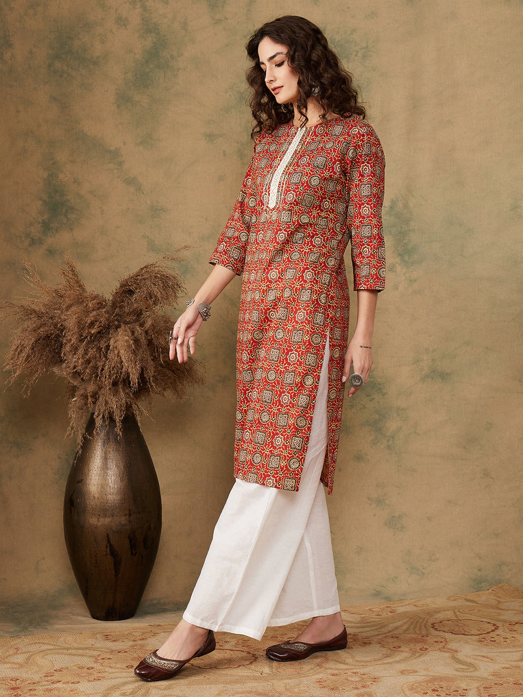 InWeave Women's Maroon Ethnic Print Lace Gota Work Straight Kurta | Grocsy