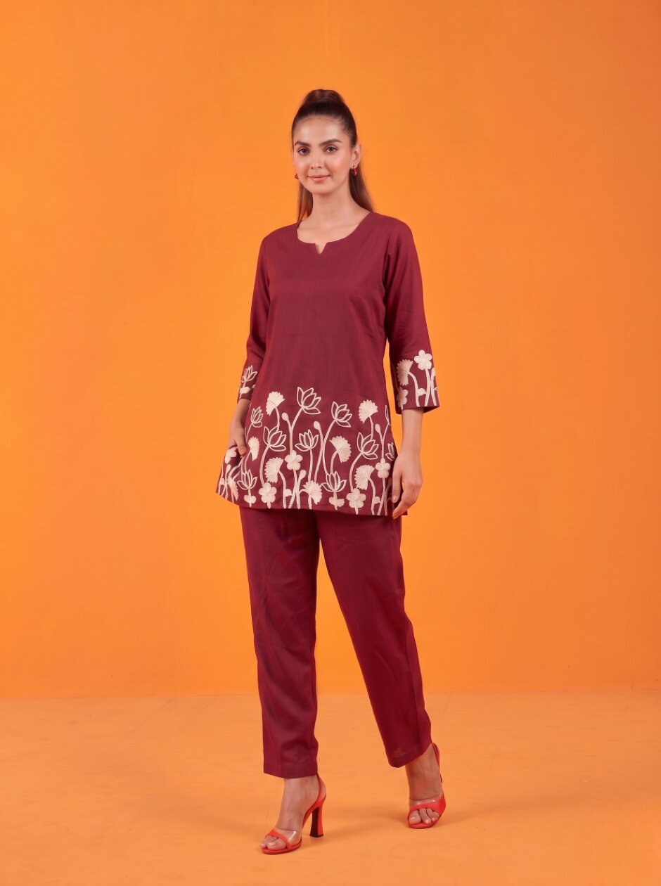 Anaita Maroon Stylish Readymade Co-Ords Set | Grocsy