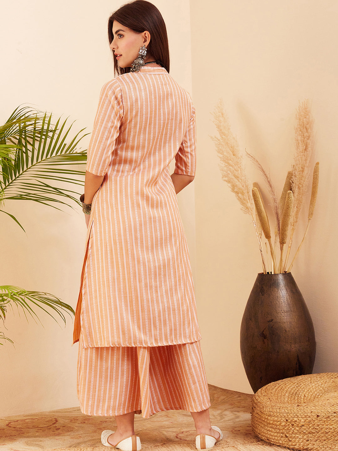 InWeave Women's Light Mustard Lurex Kantha Mandarin Neck Kurta Palazzo Set | Grocsy