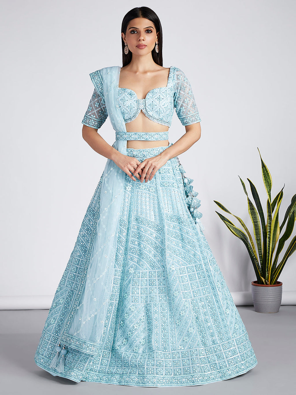 House of Panchhi Turquoise Blue Net Sequins, Zarkan And Thread Embroidery Lehenga Choli & Dupatta | Grocsy