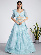 House of Panchhi Turquoise Blue Net Sequins, Zarkan And Thread Embroidery Lehenga Choli & Dupatta | Grocsy