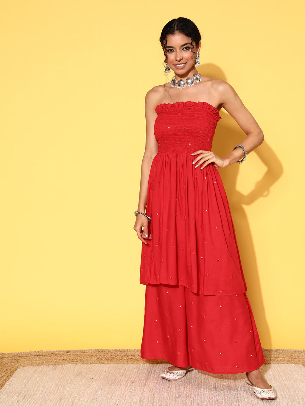 InWeave Women's Red Mirror Work Off Shoulder Kurta Set | Grocsy