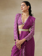 trueBrowns Purple Bandhani Printed Silk Ready to Wear Saree with Belt | Grocsy