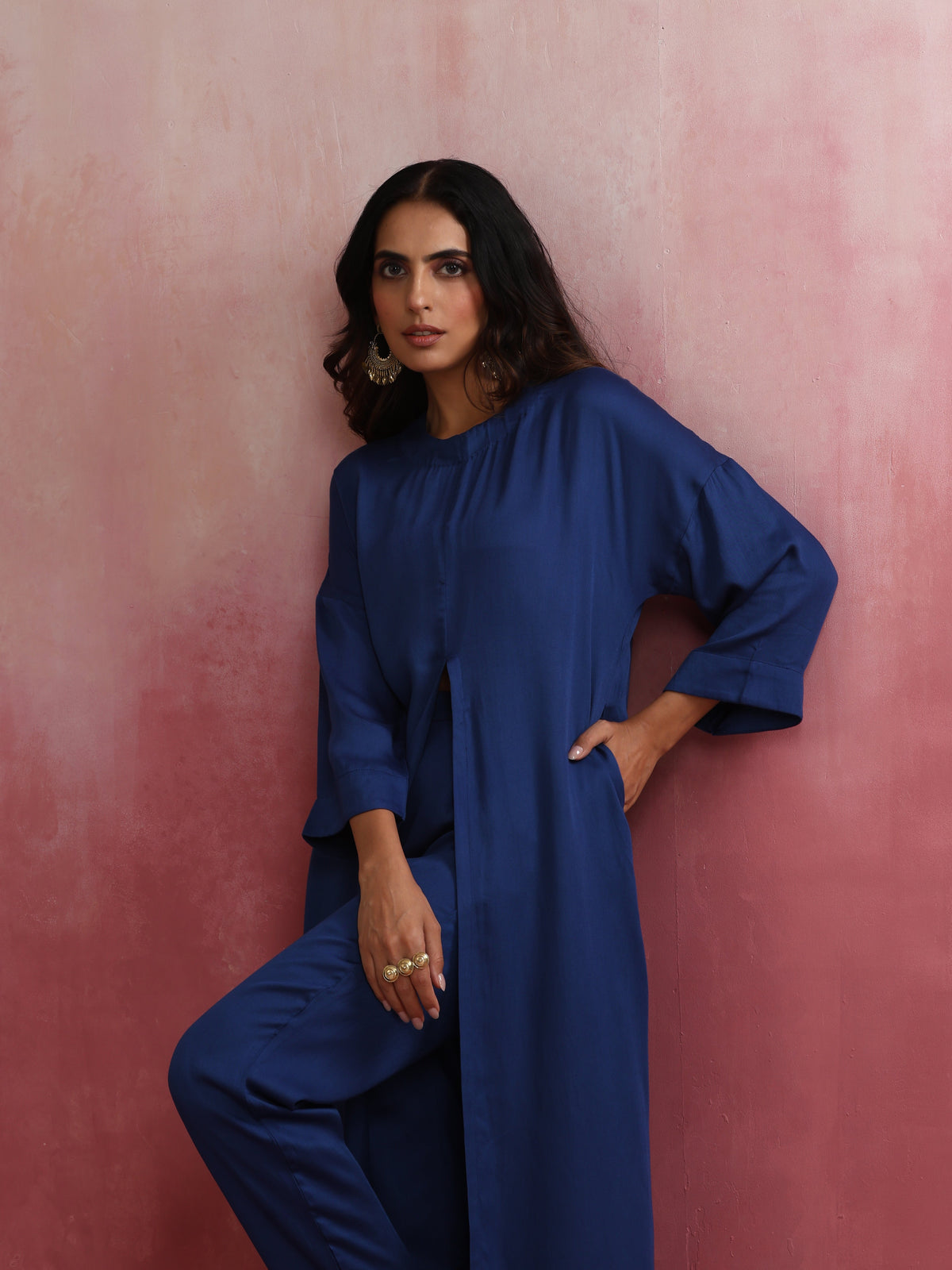trueBrowns Blue Modal Front Slit Kurta set | Grocsy