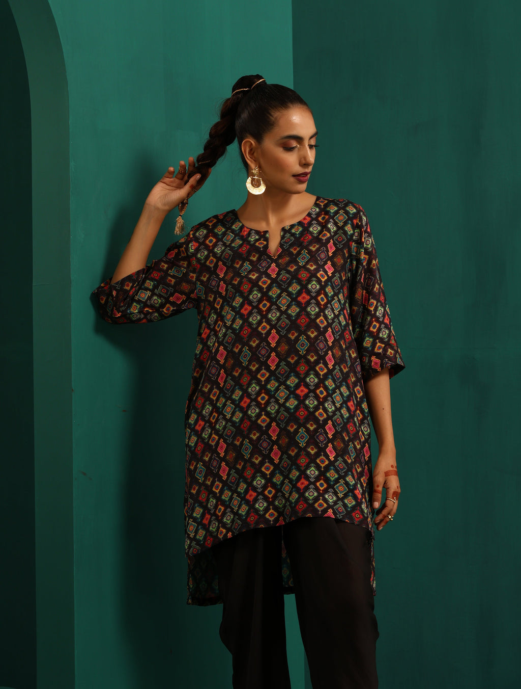 trueBrowns Black Ikat Muslin Silk Printed High Low Co-ord Set | Grocsy