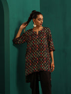 trueBrowns Black Ikat Muslin Silk Printed High Low Co-ord Set | Grocsy