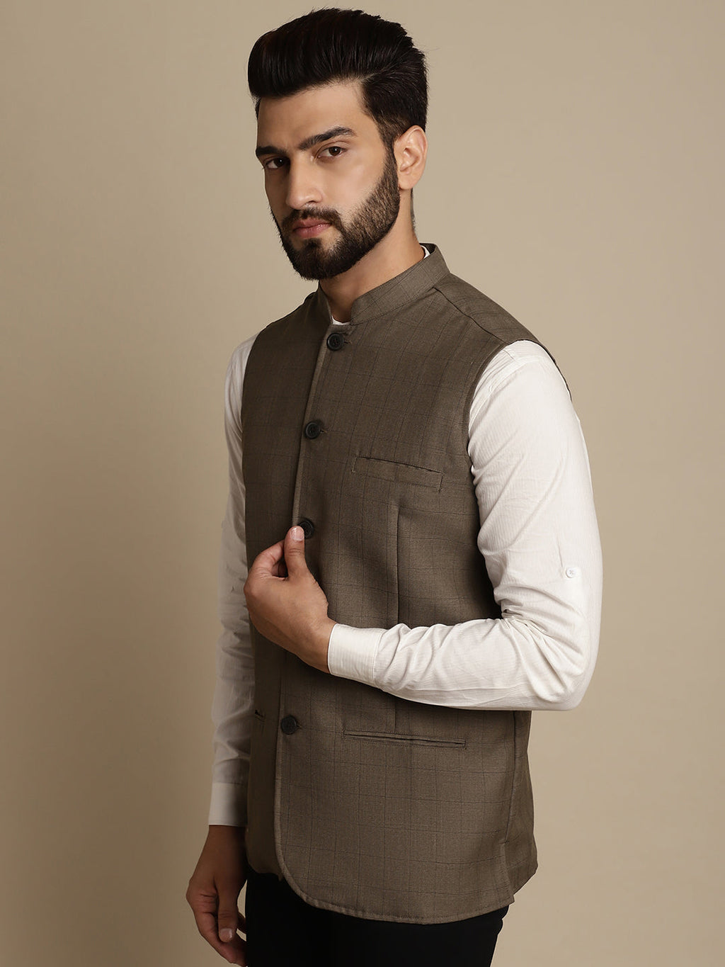 Even Apparels Men's Brown Mandarin Collar Waistcoat | Grocsy