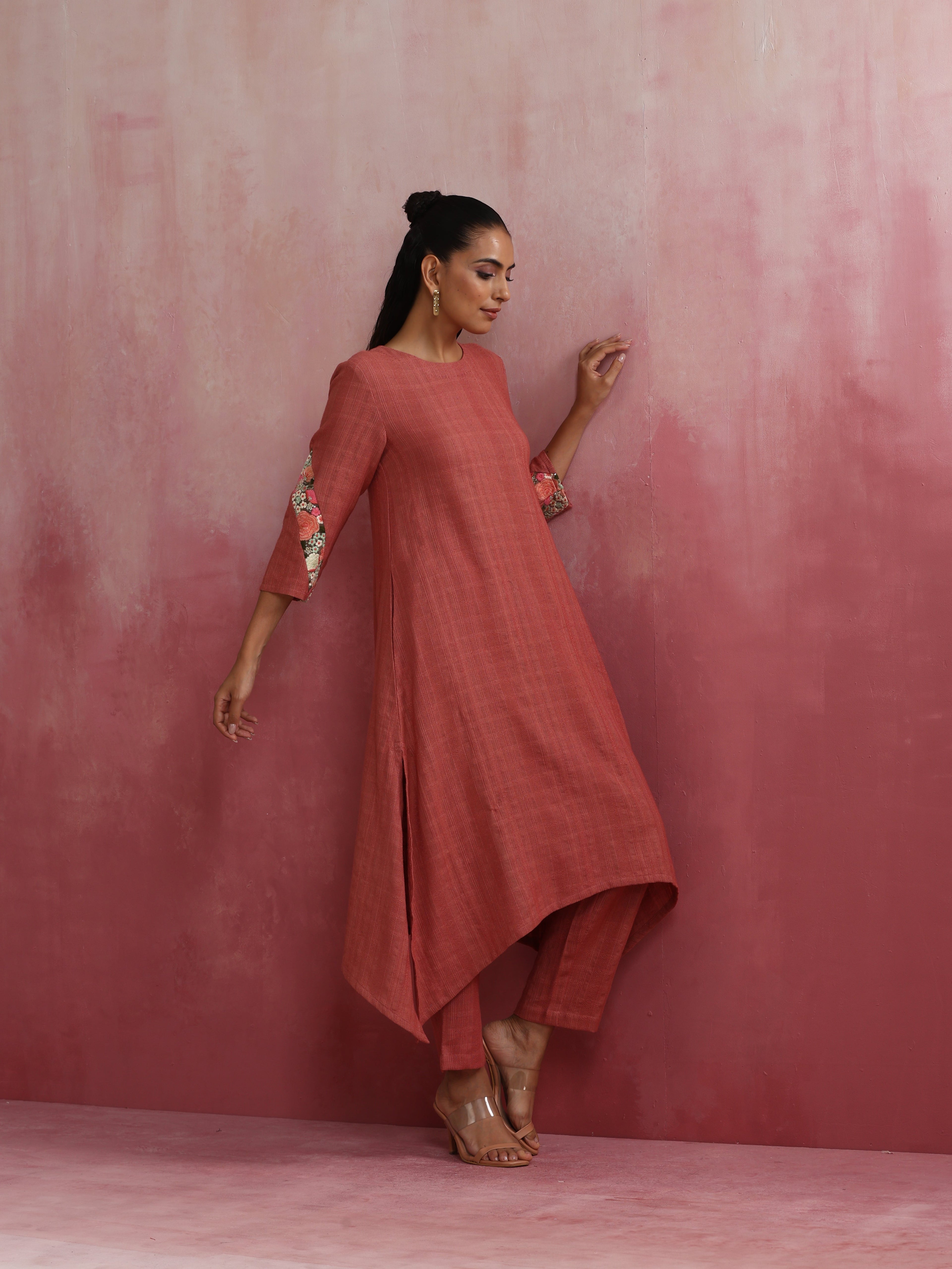 trueBrowns Peach Cotton Dobby Kurta Set | Grocsy