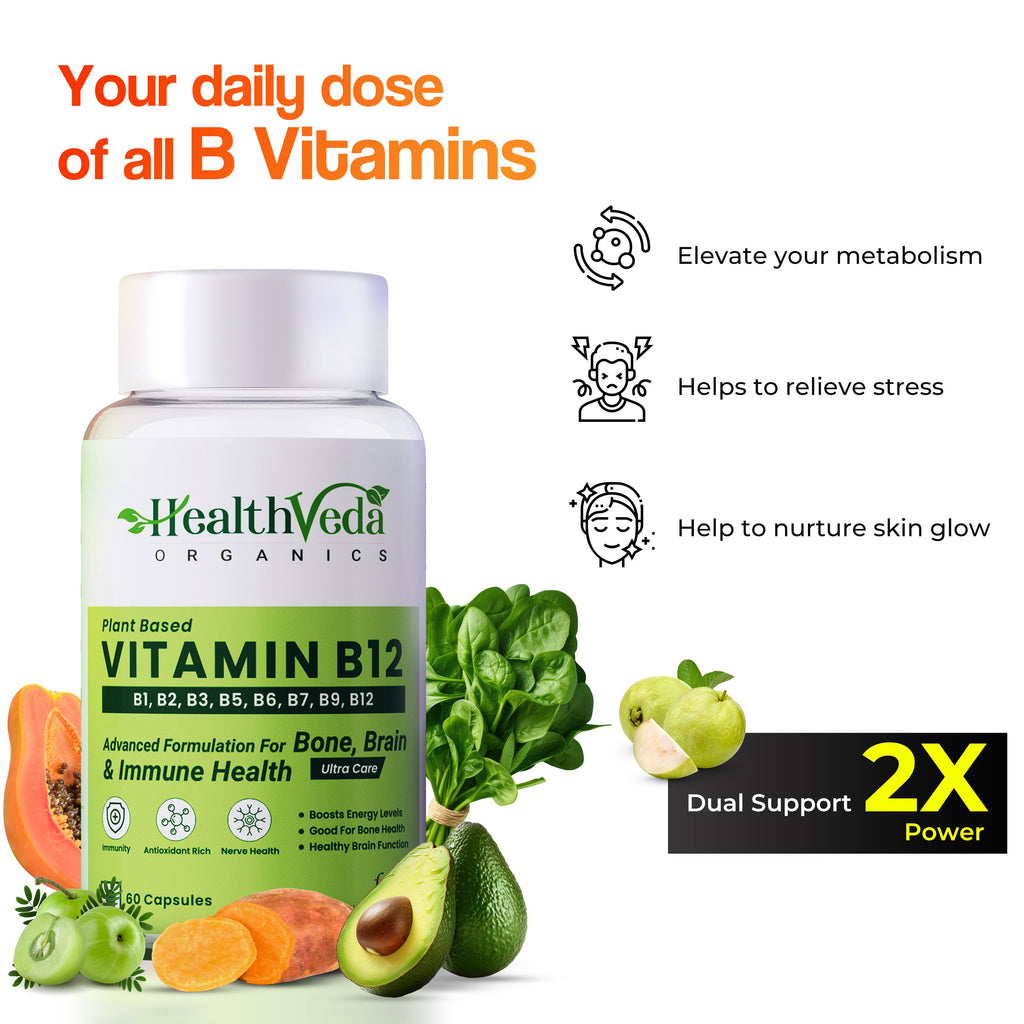 Health Veda Organics Plant Based Vitamin B-12 Capsules | Grocsy