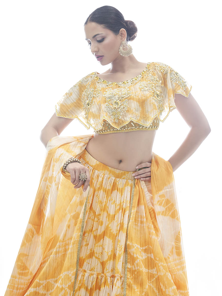 Myra Yellow Jaquard Embroidered Designer Lehenga | Grocsy
