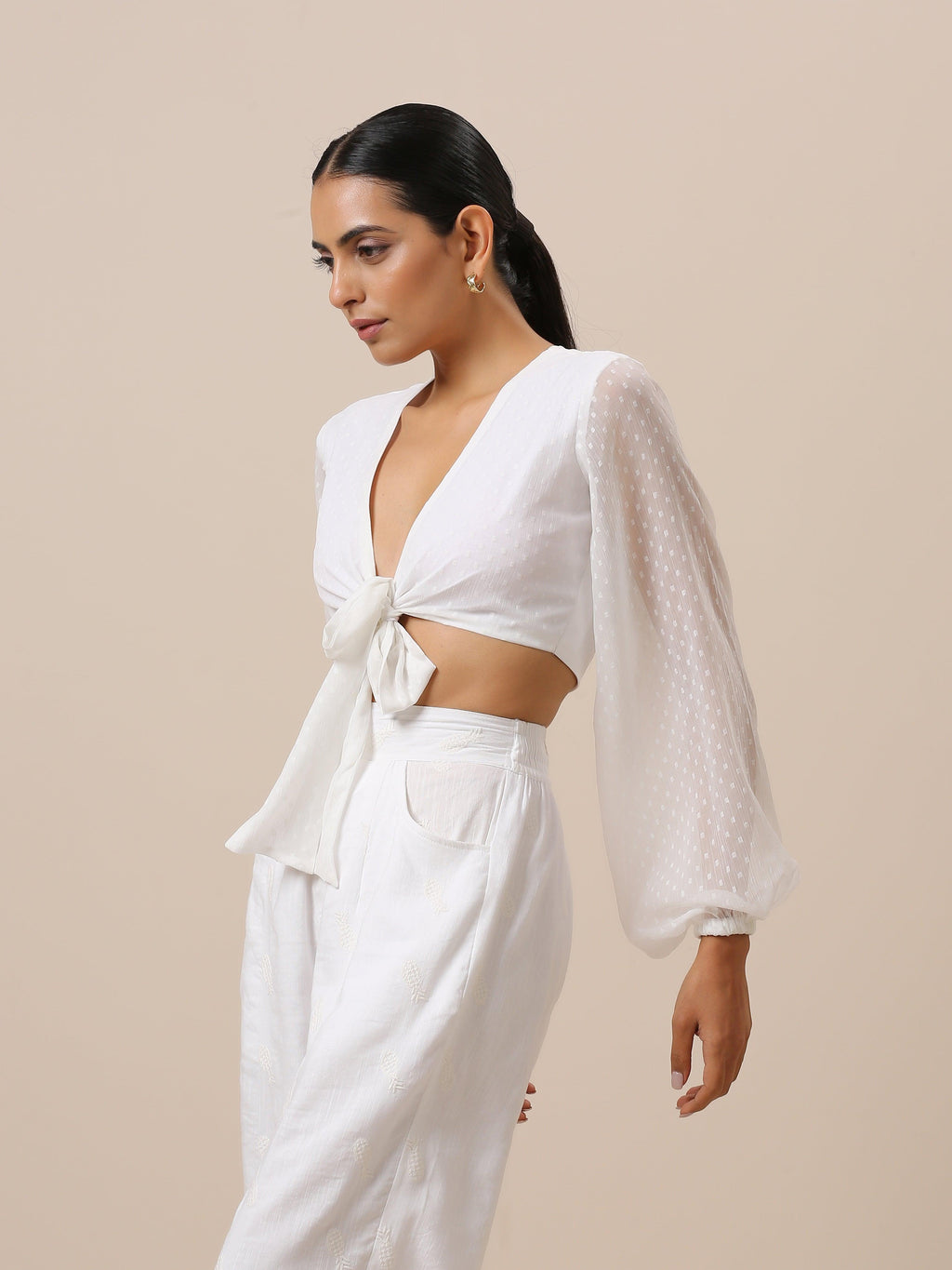 trueBrowns Chiffon White Dobby Tie Up Top | Grocsy