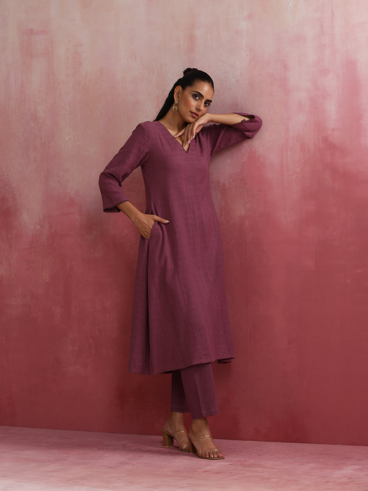 trueBrowns Light Purple Cotton Dobby Flared Kurta Set | Grocsy